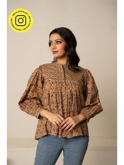 POMCHA - Sukoon Earth Tone Button-Up Hand Block Cotton Top