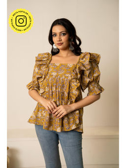 POMCHA - Sukoon Ochre Hand Block Cotton Bloom Tunic Top