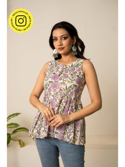 POMCHA - Sukoon Purple Floral Off White Hand Block Cotton Top