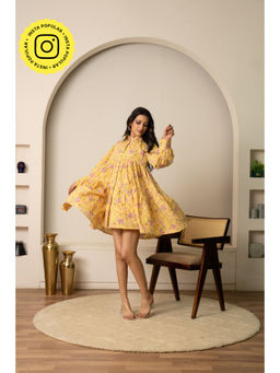 POMCHA - Sukoon Yellow Hues Floral Print Cotton Summer Dress