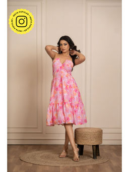 POMCHA - Sukoon Rosy Pink Crepe Summer Tiered Dress