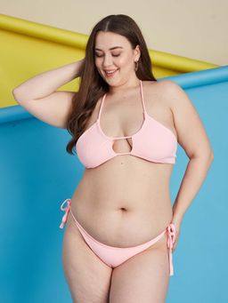Secrets By ZeroKaata - Pink Plus Size Ribbed Halter Beachwear Swim Bikini (Set of 2)