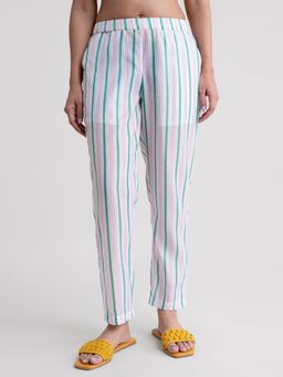 Pink Fort - Stripe Tapered Cotton Pants White & Green