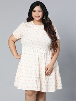 Oxolloxo - Coloured Off-white Polka Printed Plus Size Women Dress