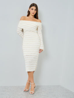 Styli - Women Cream Textured Ruffle Trim Off Shoulder Neck Sheath Midi Dress