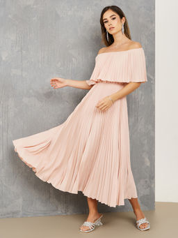 Styli - Women Pink Off Shoulder Accordion Pleats A-Line Maxi Dress