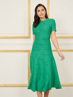 Styli - Women Green Textured A-Line Midi Dress with Box Pleat