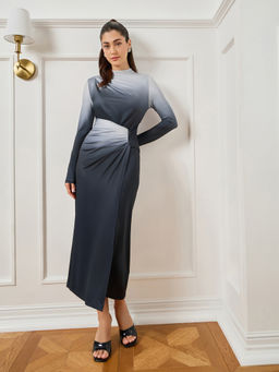 Styli - Women Grey Gradient Effect Wrap Front Midi Dress