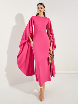 Styli - Women Pink Long Drape Slit Sleeves Mermaid Hem Party Maxi Dress