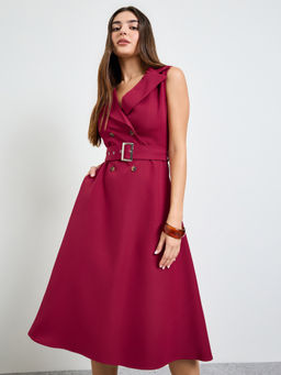 Styli - Women Magenta Solid Sleeveless Blazer Midi Dress with Belt