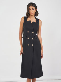 Styli - Women Black Sleeveless Blazer Midi Dress with Button Detail