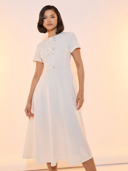Styli - Beige Bow Accent Round Neck A-Line Midi Dress