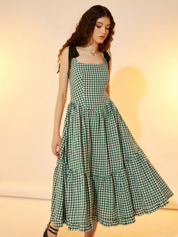 Styli - Women Green Gingham Checked Square Neck Tiered Midi Dress