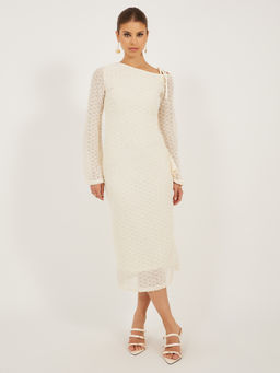 Styli - Women Cream Self Design Asymmetric Neck Sheath Midi Dress