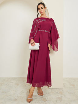 Styli - Women's Burgundy Embellished Cape Sleeve A-Line Maxi Dress