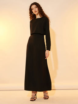 Styli - Women Black 2 In1 Look Solid Round Neck A-Line Maxi Dress