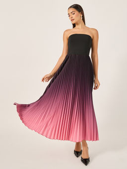 Styli - Multi-Color Ombre Accordion Pleated Strapless A-Line Midi Dress
