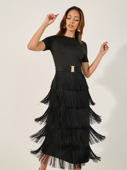 Styli - Women Black Fringe Hem Detail Short Sleeves Sheath Midi Dress