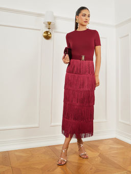 Styli - Women Burgundy Fringe Trim Tiered Midi Dress