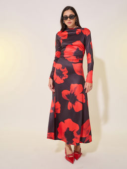 Styli - Black Floral Printed High Neck Long Sleeve A-Line Maxi Dress