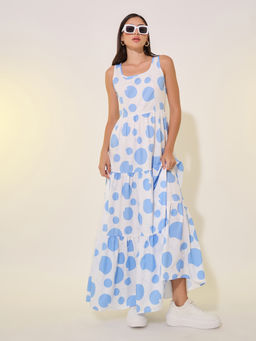 Styli - Women's White Polka Dots Sleeveless A-Line Maxi Dress