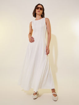 Styli - Women Off White Solid Sleeveless Centre Front Split Design Midi Dress