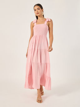 Styli - Women Pink Smocked Strappy Tiered Maxi Dress