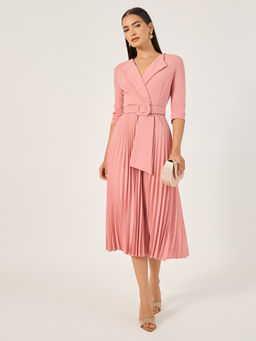 Styli - Women Pink Solid Pleated A-Line Flared Midi Dress with Belt