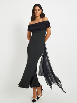 Styli - Women Black Solid Off Shoulder Mermaid Partywear Maxi Dress