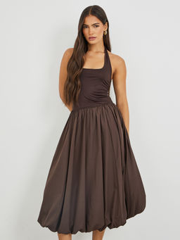 Styli - Women's Brown Solid Halter Fit And Flare Midi Dress