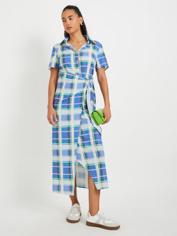 Styli - Women Blue Checked Printed Short Sleeve Shirt Midi Dress