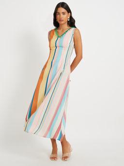 Styli - Multi-Color Striped Colorblock V-Neck A-Line Midi Dress