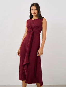 Styli - Women Burgundy Solid Sleeveless Tie-Front Detail A-Line Midi Dress