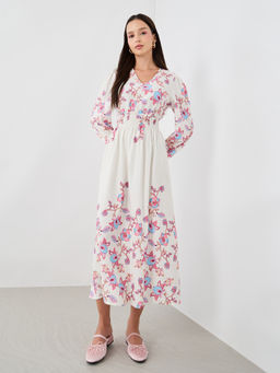 Styli - Off White Floral Printed Full Sleeve Midi Dress