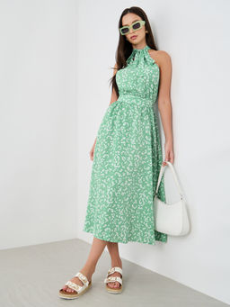 Styli - Women Green Disty Printed Halter Neck Sleeveless Midi Dress