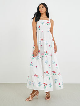 Styli - Women White Floral Printed A-Line Tiered Maxi Dress