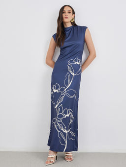 Styli - Women Navy Blue Floral Printed Sleeveless Bodycon Maxi Dress