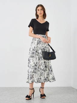 Styli - Multi-Color Floral Printed V-Neck Contrast Pleated A-Line Midi Dress