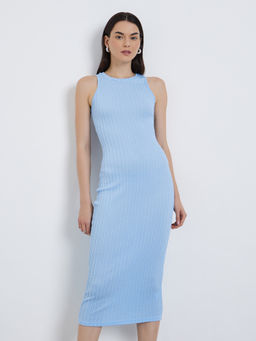 Styli - Women's Blue Textured Sleeveless Bodycon Midi Dress