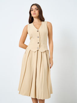 Styli - Women's Beige Solid Button-Front Flared Blazer Midi Dress