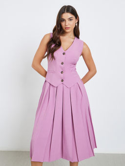 Styli - Women's Pink Solid Button-Front Flared Blazer Midi Dress
