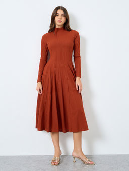 Styli - Brown Textured Long Sleeves A-Line Midi Dress