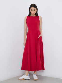 Styli - Women's Red Solid Sleeveless A-Line Midi Dress