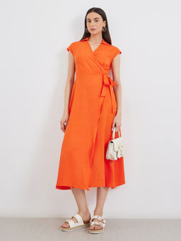 Styli - Women Orange Sleeveless Wrap Midi Dress with Tie- Up