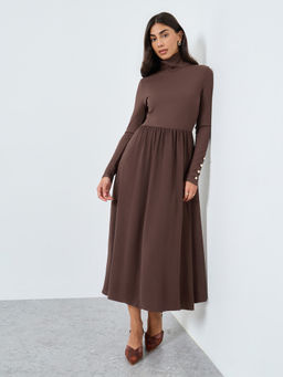 Styli - Women Brown Ribbed Turtle Neck Long Sleeve A-Line Midi Dress