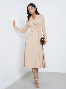 Styli - Women Beige Solid Long Sleeves Blazer Midi Dress