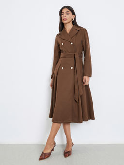Styli - Women Brown Buttoned Long Sleeves Blazer Midi Dress with Belt