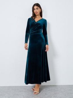 Styli - Women's Teal Solid V-Neck Front Wrap A-Line Evening Maxi Dress