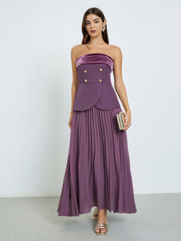 Styli - Women Purple Bandeau Neck Pleated Maxi Dress with Button Details