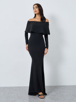 Styli - Women's Black Solid Off-Shoulder Mermaid A-Line Maxi Dress